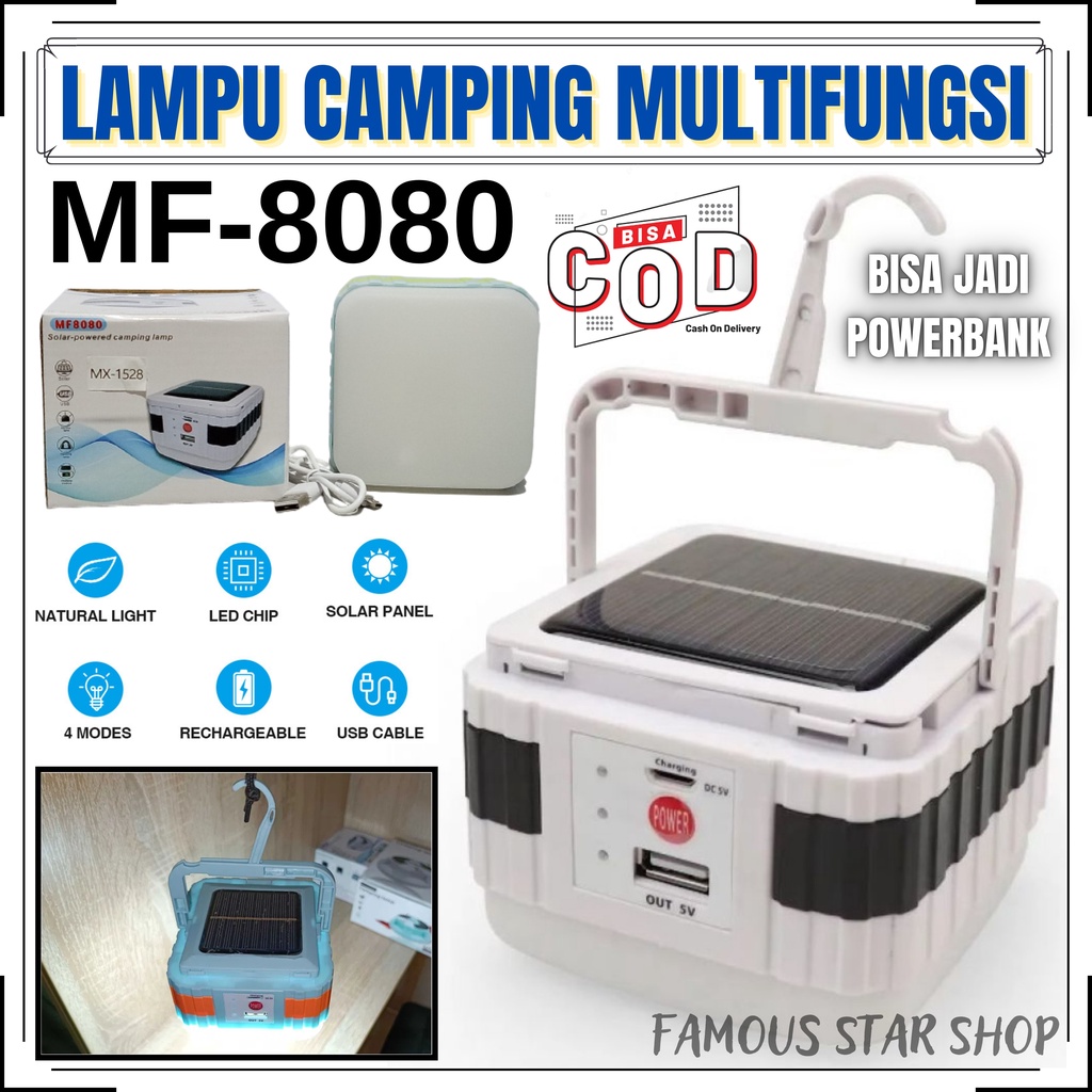 Lampu camping Tenda emergency SOLAR charger MF8080 | Senter Lampu Lentera Camping MF-8080 Lantern Rechargeable | Lampu Emergency LED Pengisian USB 4 Tingkat Kecerahan Lampu Portable | Lampu Emergency Multifungsi | FMS