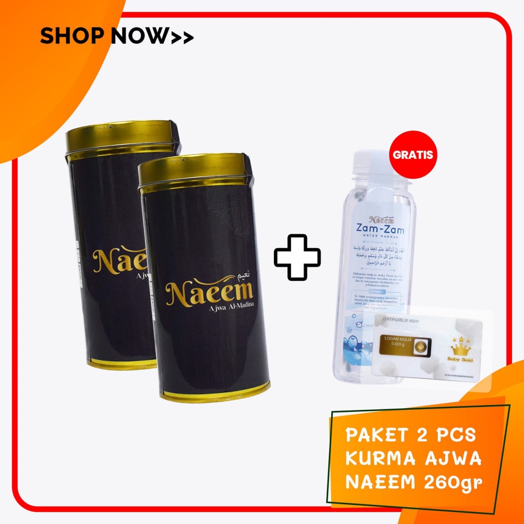 

Kurma Ajwa Naeem 260gr 2pcs (Free Zam-Zam Naeem 250ml + Free Baby Gold) Ajwa Al-Madinah Asli