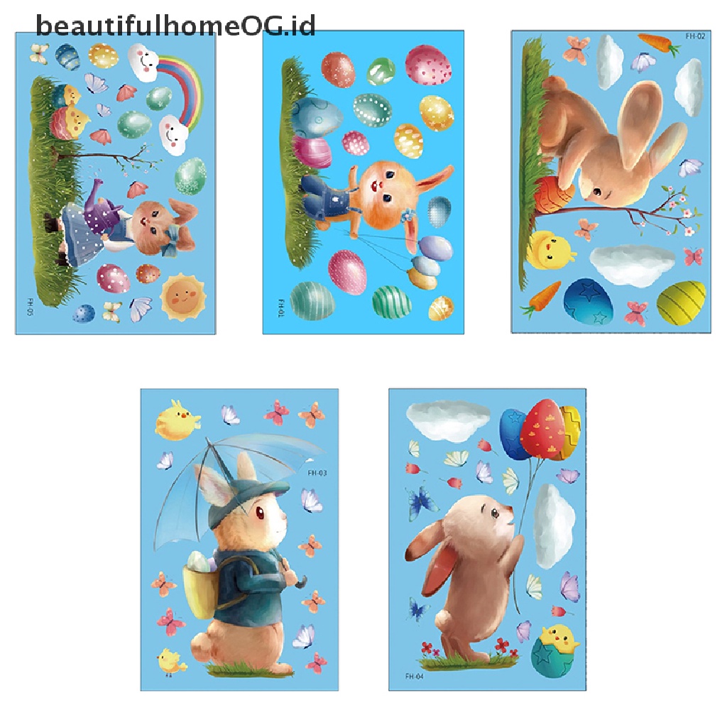 // Beautifulhomeog.id// 1Pc Stiker Jendela Kaca Happy Easter Colorful Bunny Eggs Wall Decal 20x30cm **