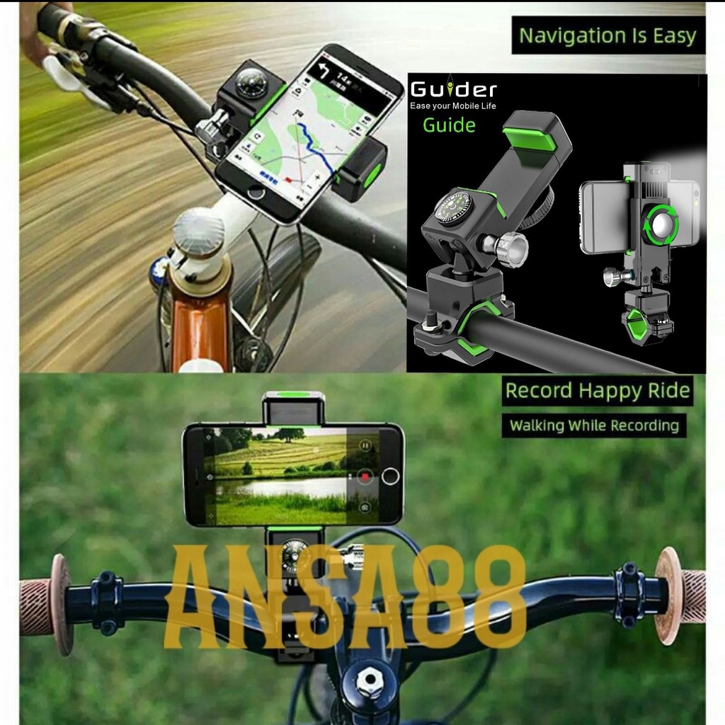 premium holder hp sepeda Anti Jatuh 360° bike holder braket holder hp sepeda lampu LED + kompas HOL31