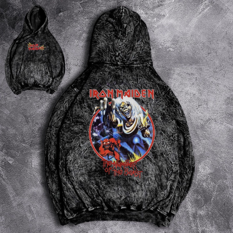 Hoodie Pria Sandwash Metal Terbaru Iron Maiden Washed Grey Keren Kekinian