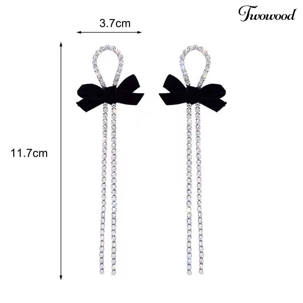 Twowood 1pasang Anting Wanita Berkilau Semua Pertandingan Shiny Efek Visual Desain Rumbai Panjang Anti-Oksidasi Hias Alloy Wanita Bow-knot Earrings Perhiasan Pesta Pernikahan Untuk Wanita