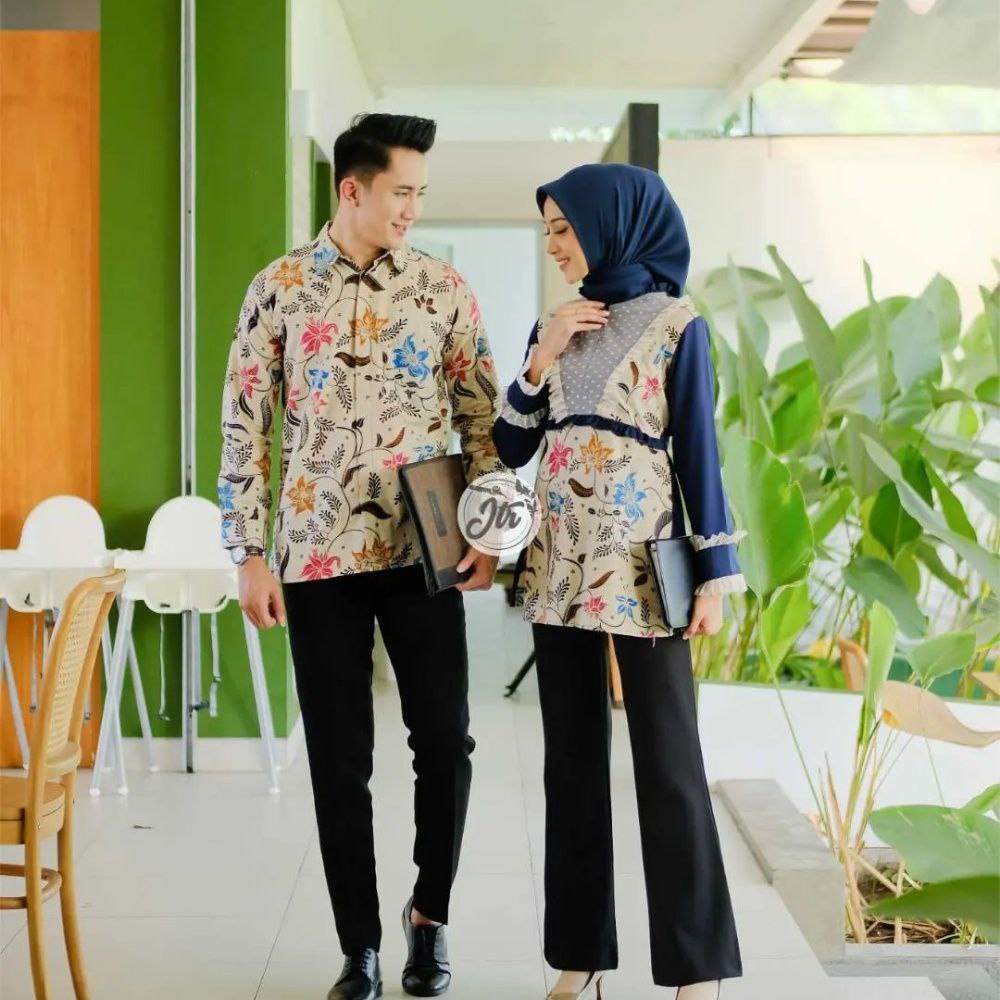 Couple Batik Keluarga Blus Tutu Motif Teratai Kombinasi Crep Premium