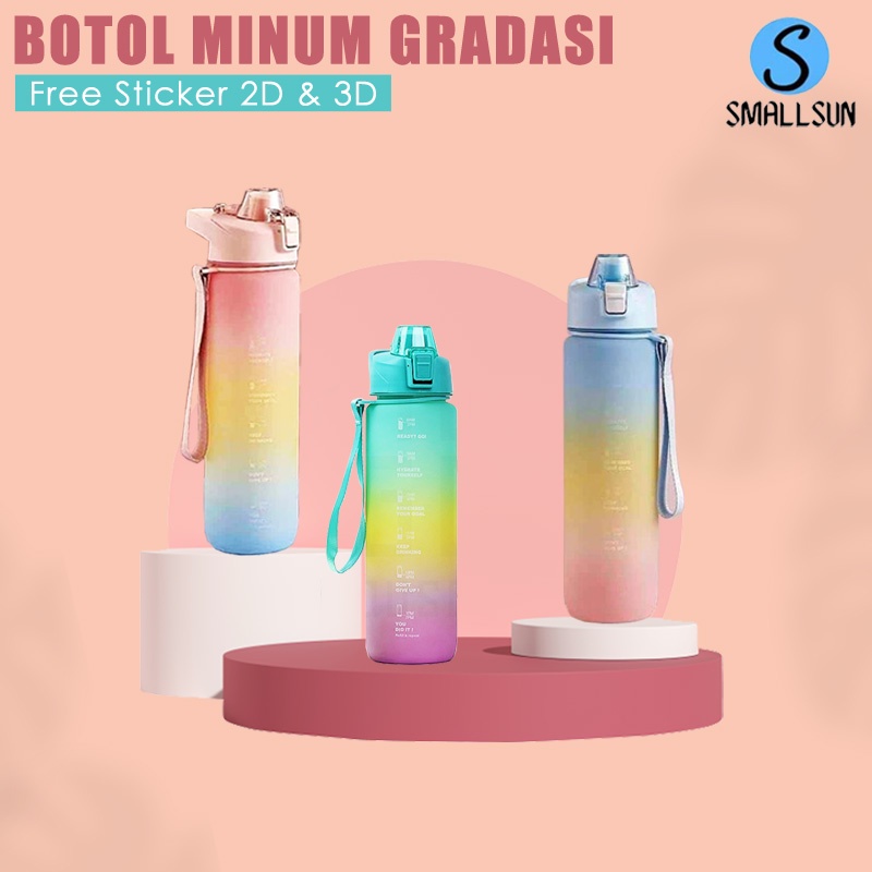 Botol Minum Botol Viral Pelangi 3 Gradasi 1000ml Bahan Tebal Dengan Stiker dan Tali