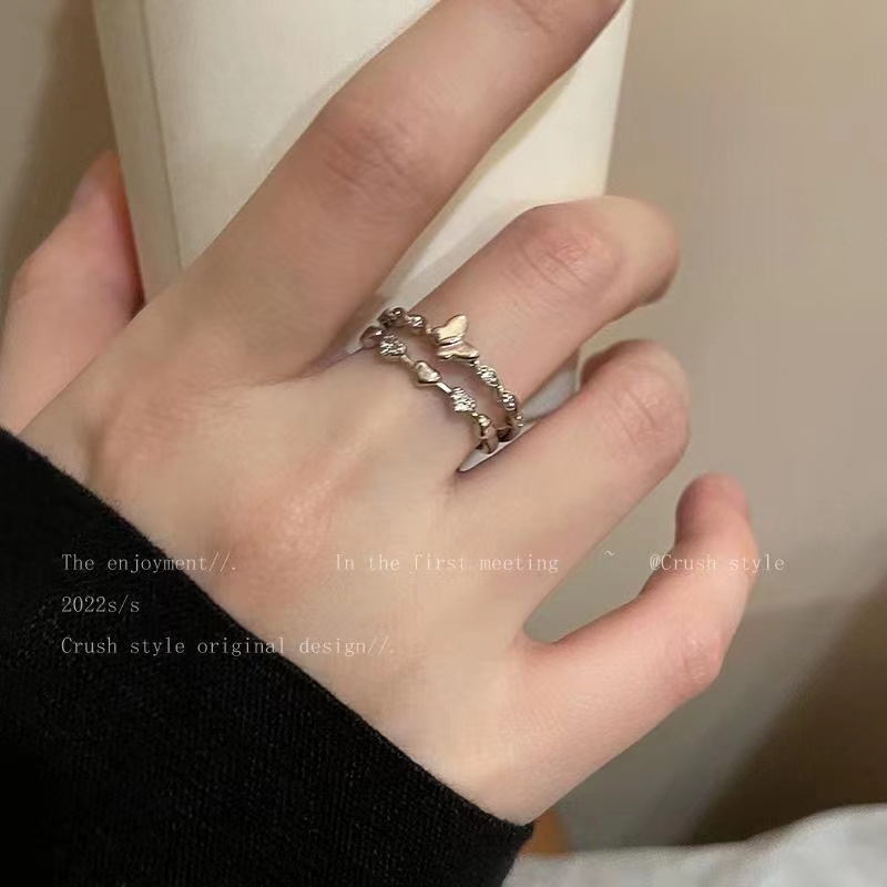 IFYOU Fashion Tembaga Zirkon Cincin Set Jantung Kupu-Kupu Perak Jari Rings Perhiasan Y2K Aksesoris