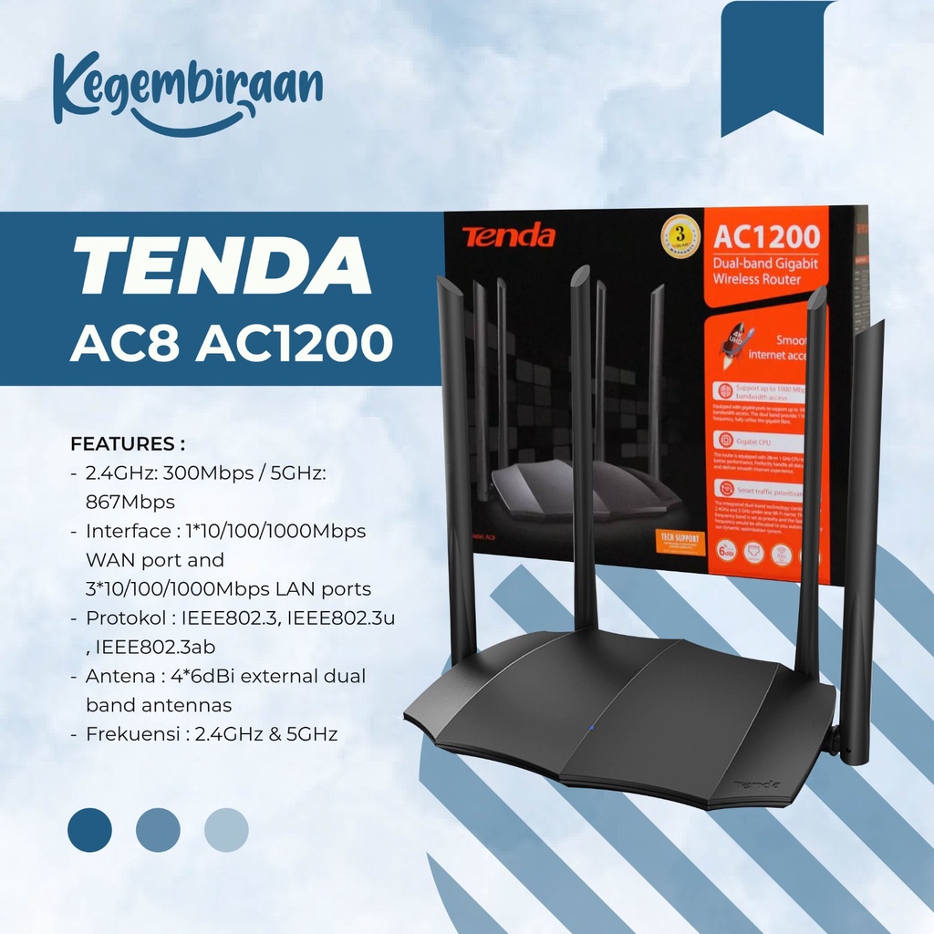 Tenda AC8 AC1200 Dual-band Gigabit Wireless Router - Tenda Router