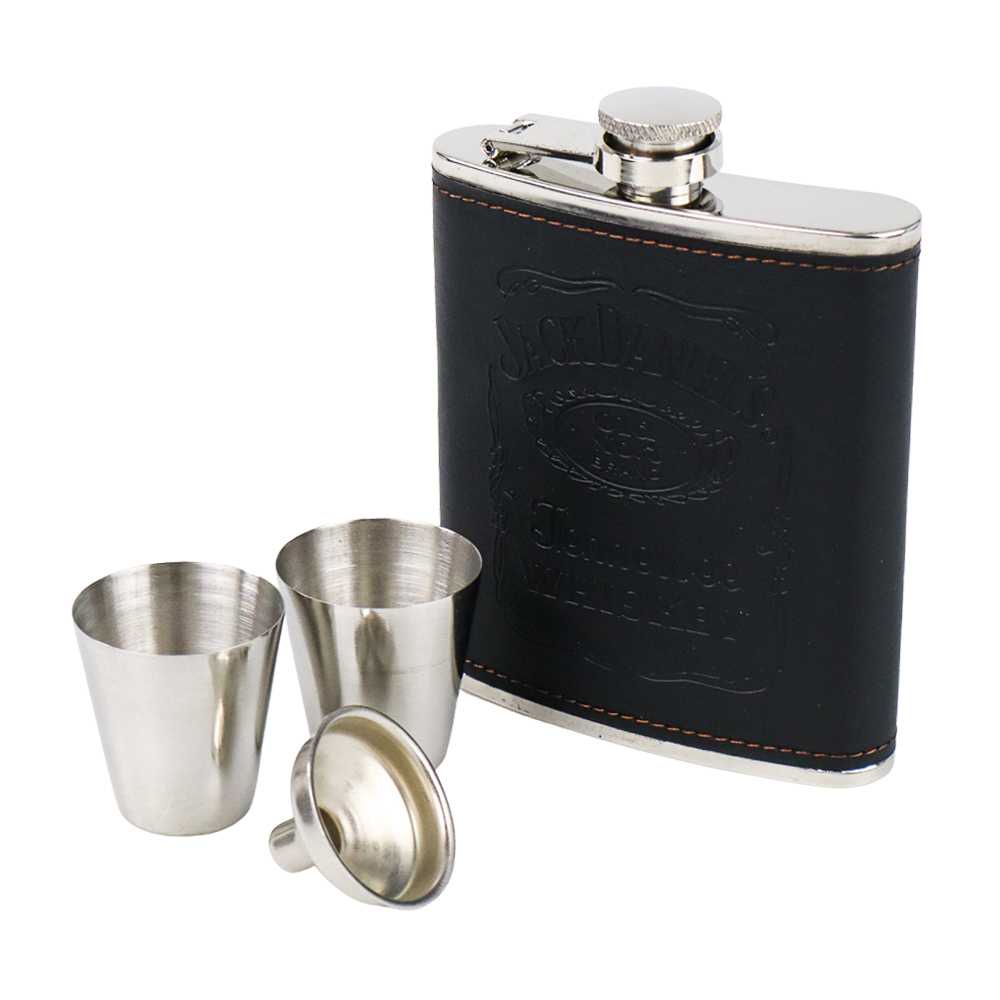 One Two Cups Botol Minum Hip Flask Stainless Leather 7Oz with Shot Glass