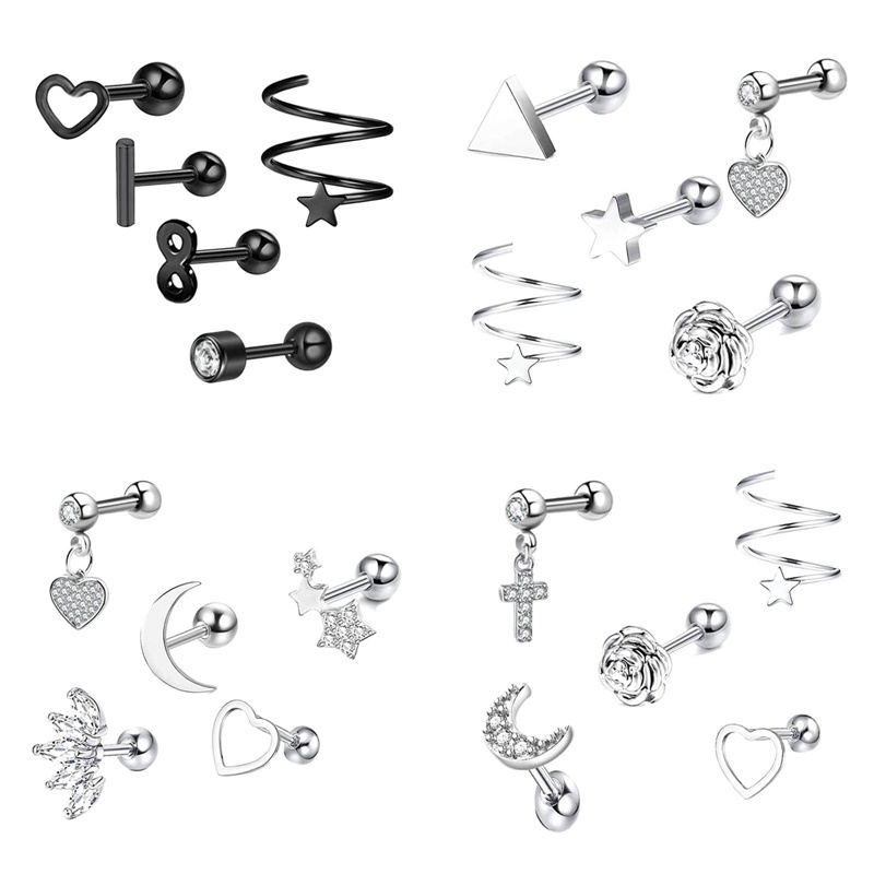 5 Pcs Stainless Steel Flat Bottom Studs Earring Butterfly Bunga Mawar Anting Kristal Tulang Rawan Helix Keong Telinga Tindik