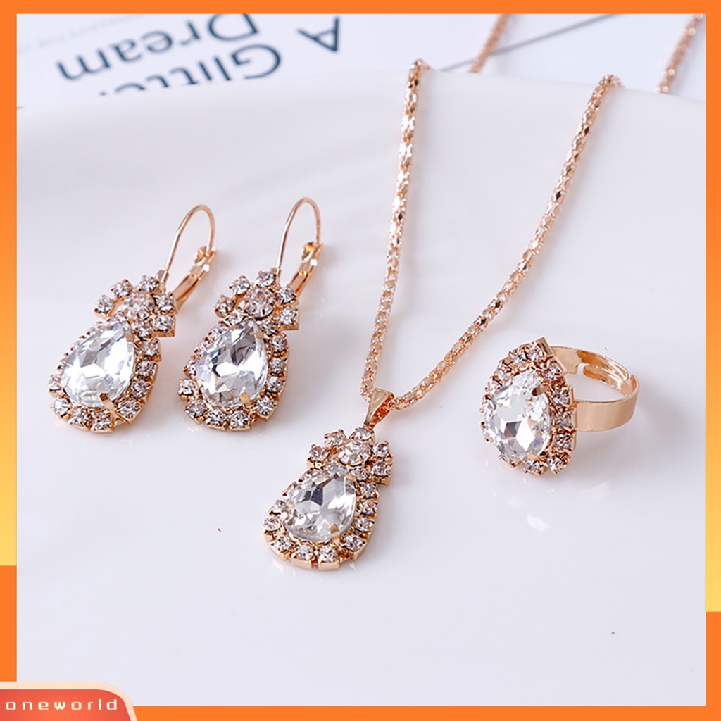OW@ Jewelry Set Eye-catching Easy Matching Women Waterdrop Shiny Rhinestone Necklace Ring Earrings for Party
