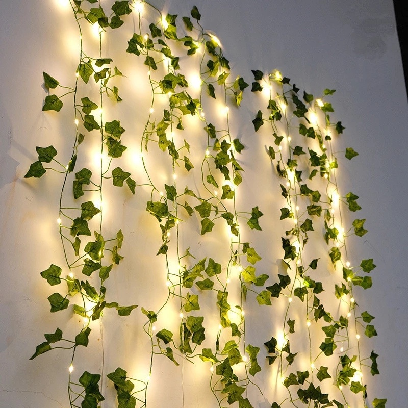 2m Tanaman Buatan Daun Hijau Led String Light Tahan Air Indoor Untuk Natal, Tahun Baru, Pesta, Pernikahan, Ulang Tahun, Kamar Anak Kawat Tembaga Tenaga Baterai Starry Fairy Lights Led