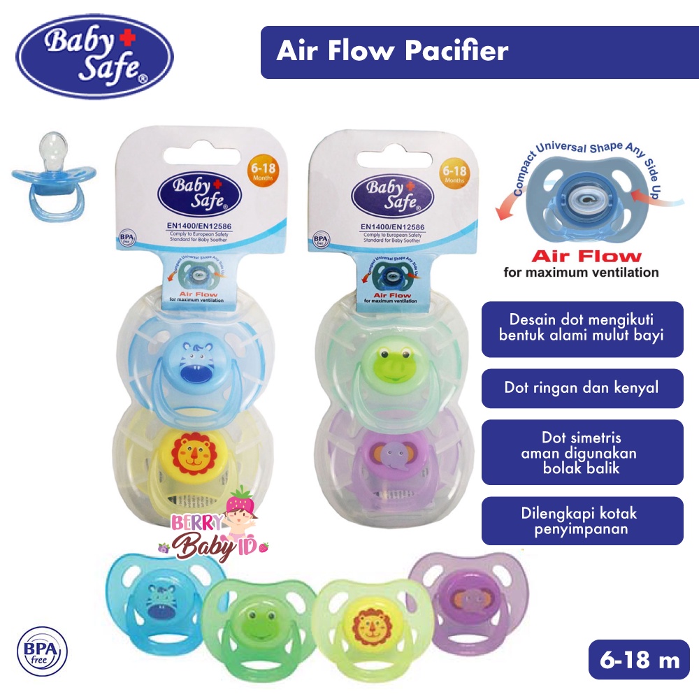 Baby Safe 2 Buah Pacifier Air Flow Empeng Soother Silicone 0-6m 6-18m Berry Mart