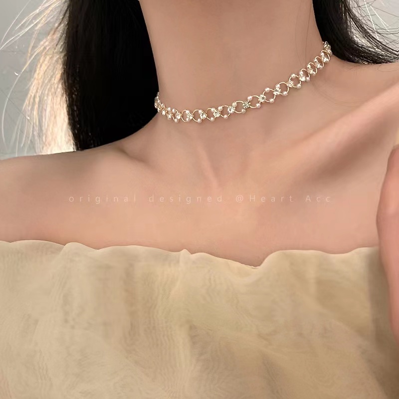 IFYOU Kalung Klavikula Emas Sederhana Choker Rantai Kristal Mutiara Untuk Aksesoris Perhiasan Wanita