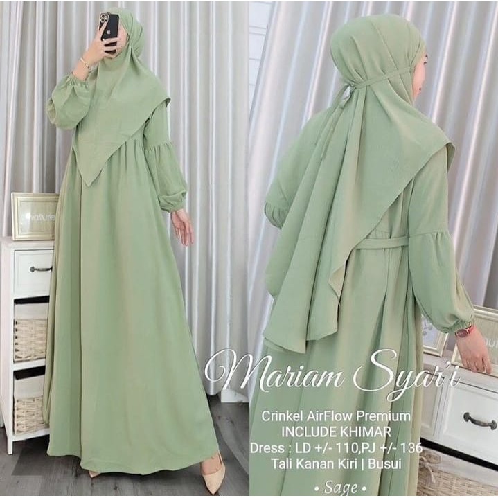 Baju Long Dress Maxi Mariyam Syarii Free Kerudung l Gamis Muslim Maryam Syar'i One Set Matt Cringkle