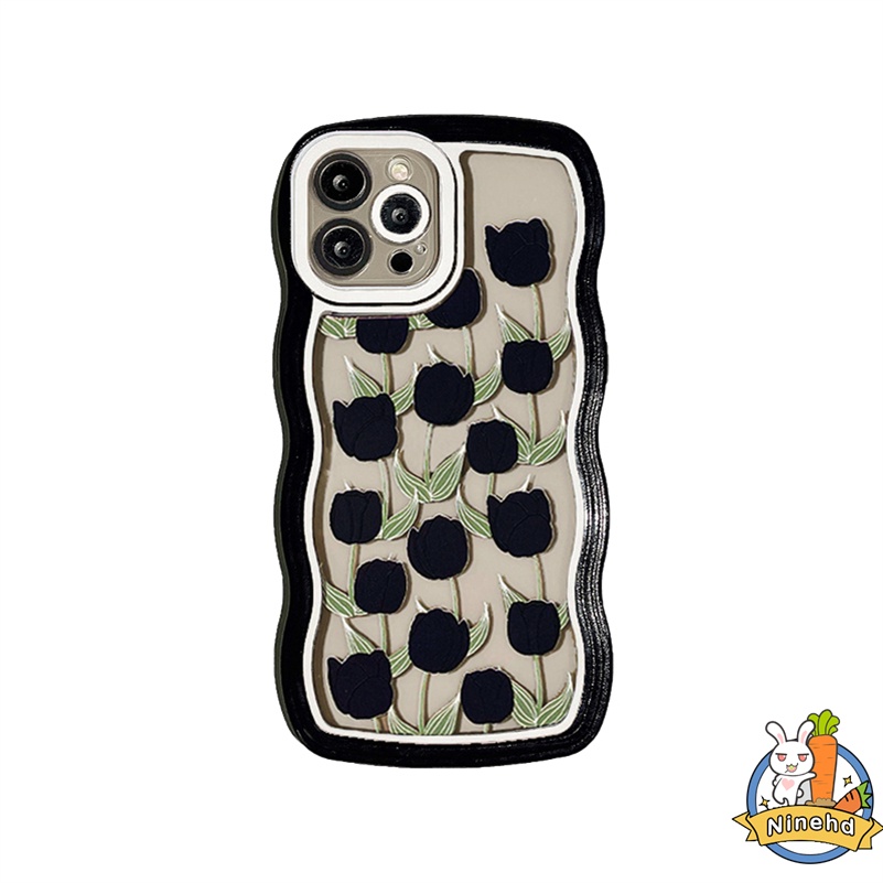 Oppo A17 A17K A57 A77 A77s A16 A16K A15 A15s A3s A5s A76 A96 A74 A54 A93 A94 A95 A92 A52 A53 A5 A9 F9 F11 Reno 7 6 5 Pro 8Z 7Z 6Z Mewah Keren Tulip Hitam Wavy Edge Casing Hp Empuk