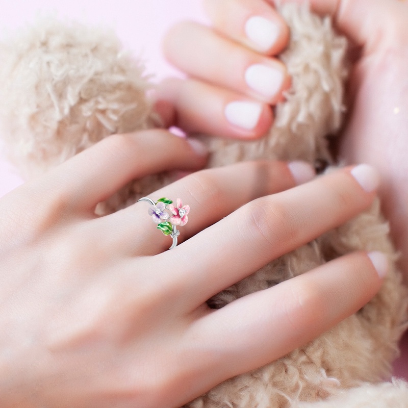 Fashion Baru925 Sterling Perak Bunga Merah Daun Hijau Berlian Cincin Untuk Wanita Harian Kasual Bunga Rings Aksesoris