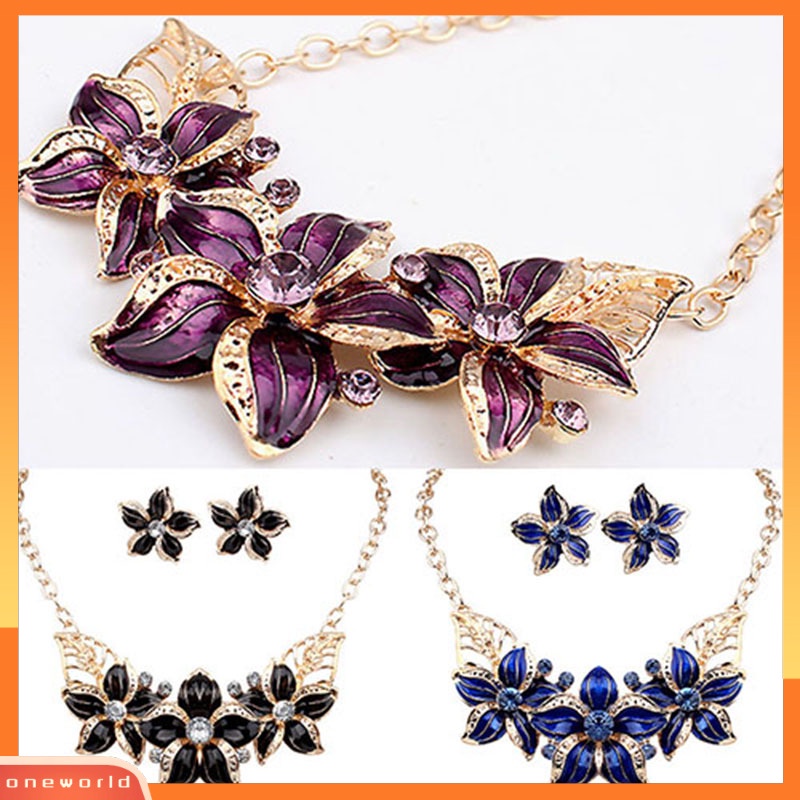 OW@ Fashion Women Rhinestone Flower Statement Pendant Necklace Earrings Jewelry Set
