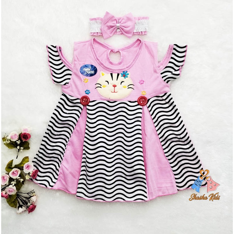 [S-023] Baju Bayi Perempuan /Dress Bayi  Planet Kids motif bunga Murah 3-6 bln Bonus BANDANA &amp; Celana dalam