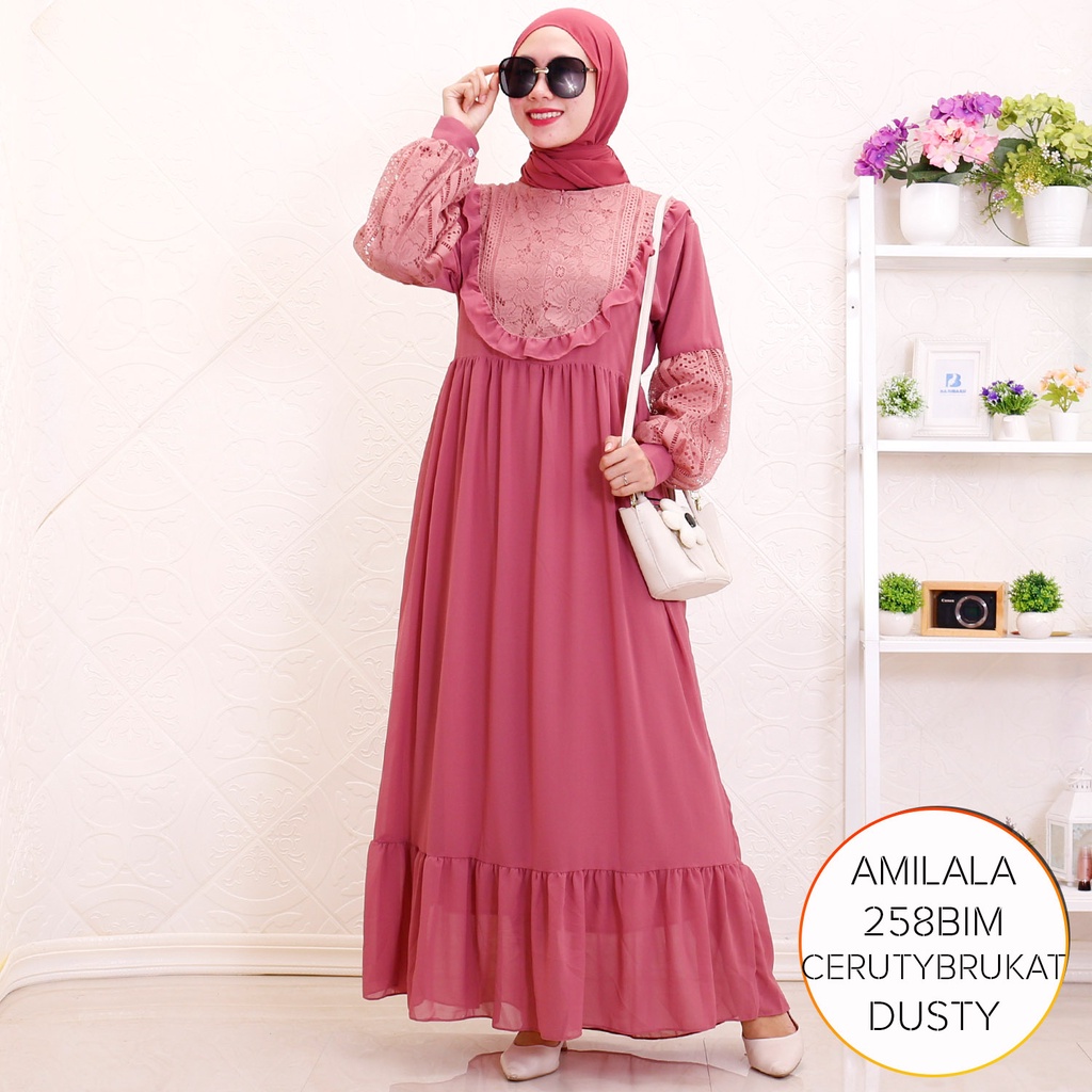 Gamis Busui Ceruty Brukat Ruffel Depan Lengan Balon Amilala D  2