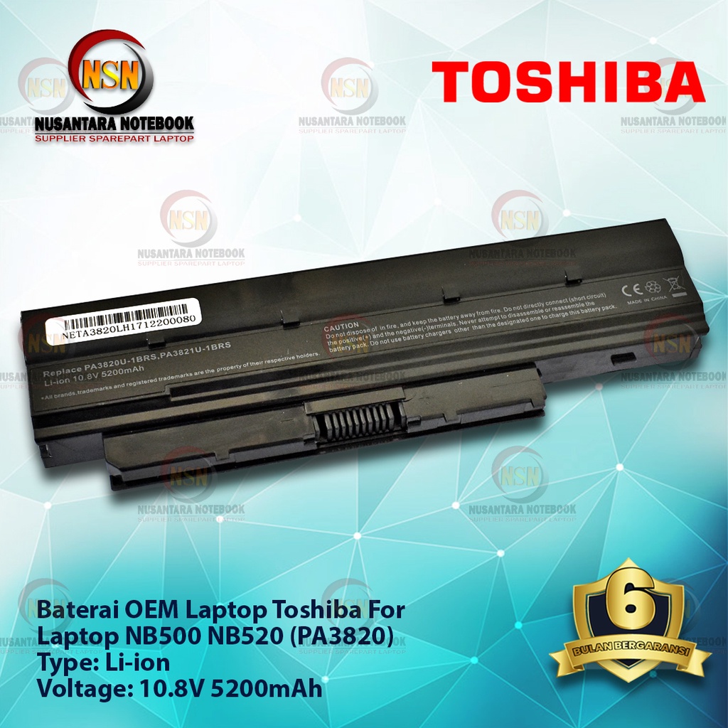 Baterai Toshiba PA3820 OEM for Laptop NB500 NB520 Hitam Black 10.8V 5200mAh