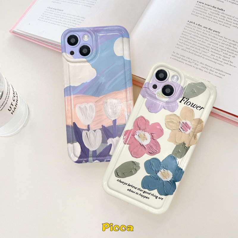 IPHONE Case Bunga Lukisan Cat Minyak Kompatibel Untuk Iphone6 6S 7 8 Plus XR 11 14 13 12 Pro MAX X XS MAX Fresh Art Flower Tulips Shockproof Airbag Bening Lembut TPU Silicon Phone Back Cover