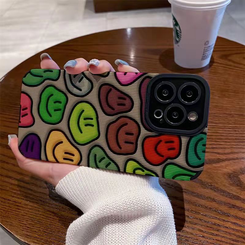 【Lamb Skin】Vertical Grain Soft Case for IPhone 6S 7 Plus 8 Plus X XS XR XS Max 11 13 12 14 PRO Max 14 Plus 12 13 Mini Fashion Twisted smiling face Colorful