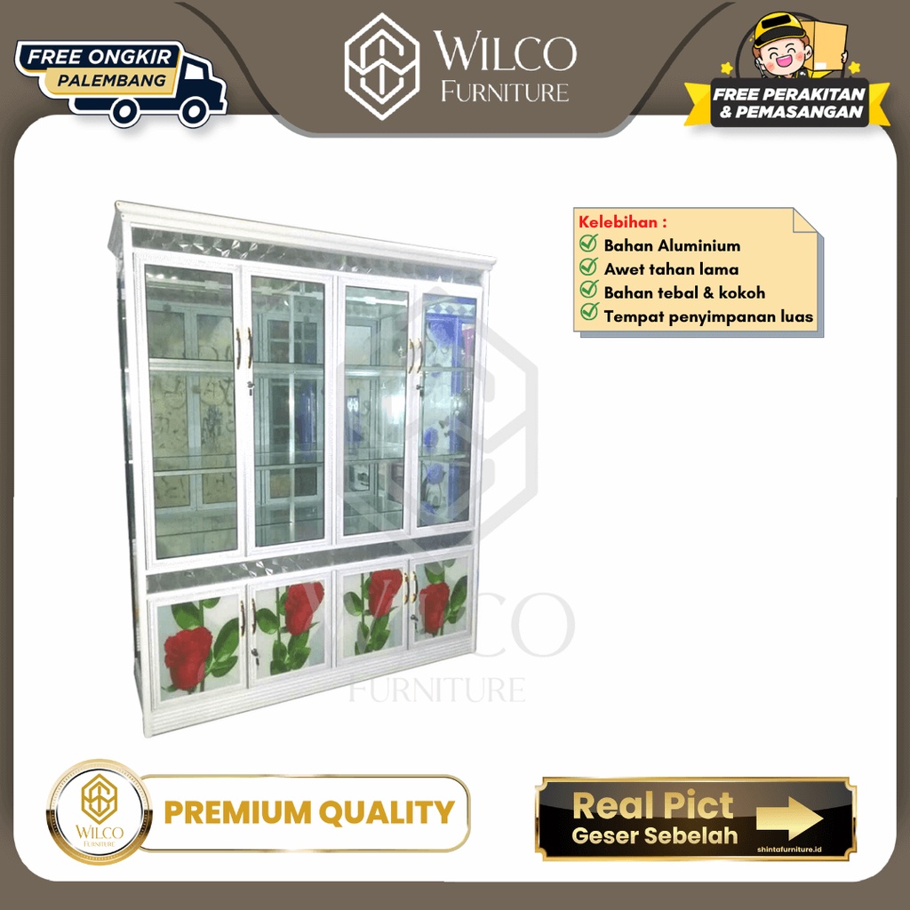 Lemari Hias 4 Pintu Kaca Motif Bunga Lemari Pajangan 4P Aluminium
