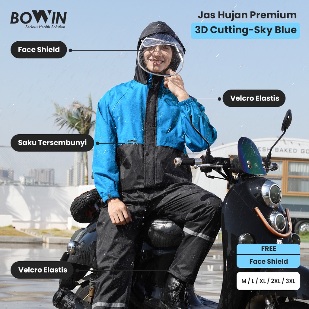 Bowin Jas Hujan Premium 3D Cutting - Anti Bakteri &amp; Windproof (Extra Face Shield &amp; Masker)