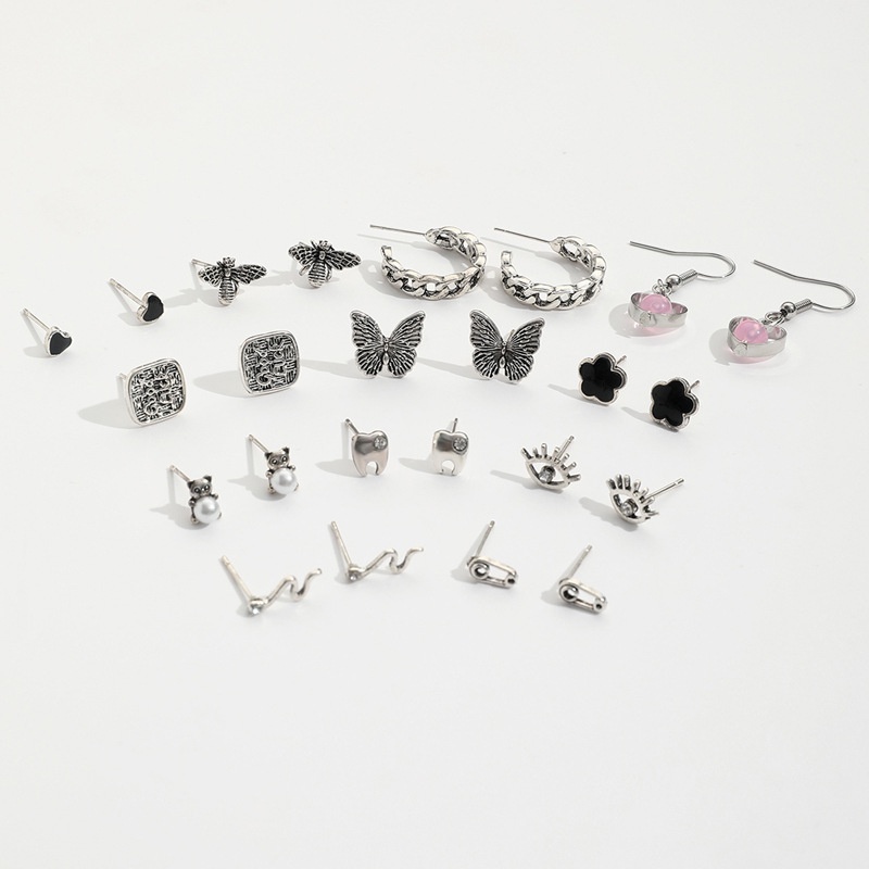 Pribadi Retro Kupu-Kupu Kecil Gigi Ular Gigi Mata Lebah Mutiara Rantai Anting Set