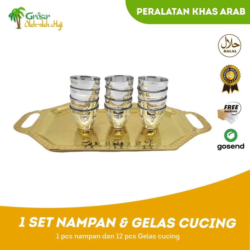 Paket 1 Set Gelas air Zamzam Silver Gold kaca 12 Pcs Plus 1 Nampan Baki Gold Arab dan Gelas Cucing Arab Emas Premium