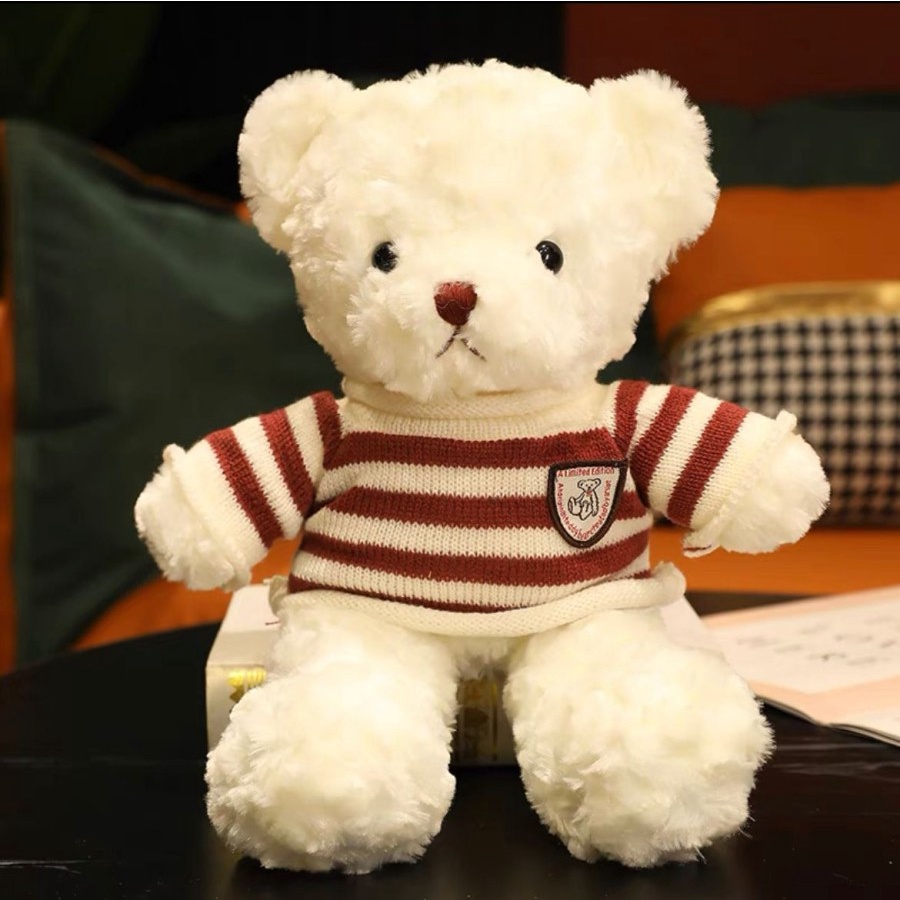 BONEKA TEDDY BEAR BERUANG PUTIH SWEATER COKLAT PUTIH LUCU