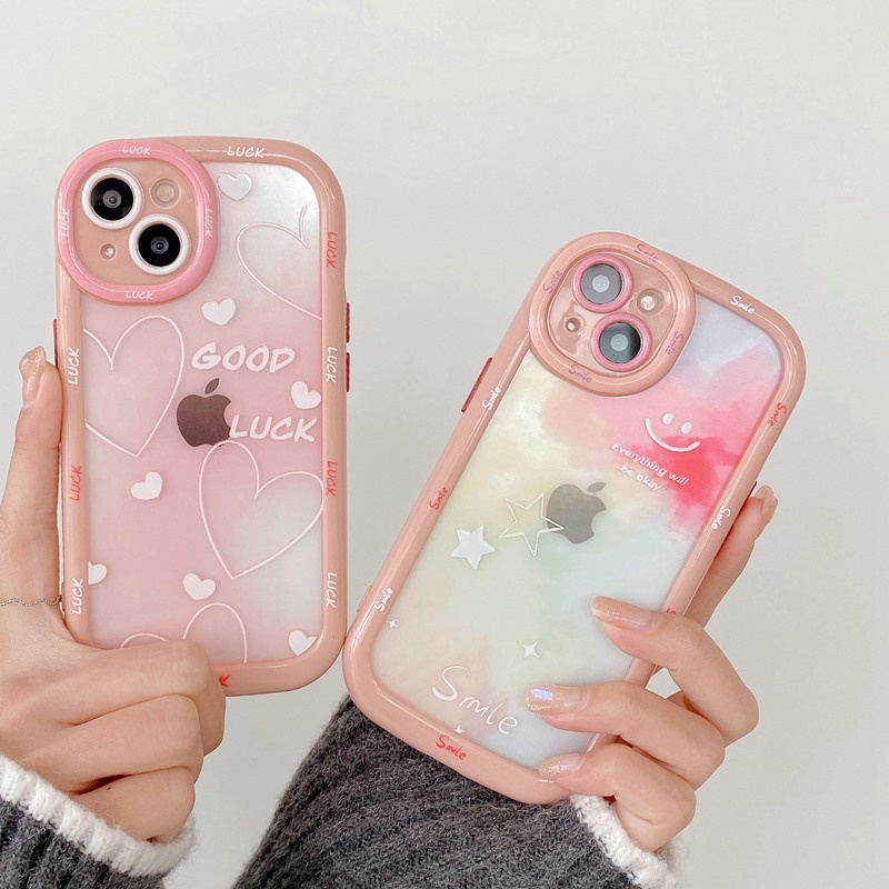 1PC Gradient Puff Case IPhone 11 12 13 14 Pro Max Soft Phone Case Cute Good Luck Love Star Phone Case Cover Bumper