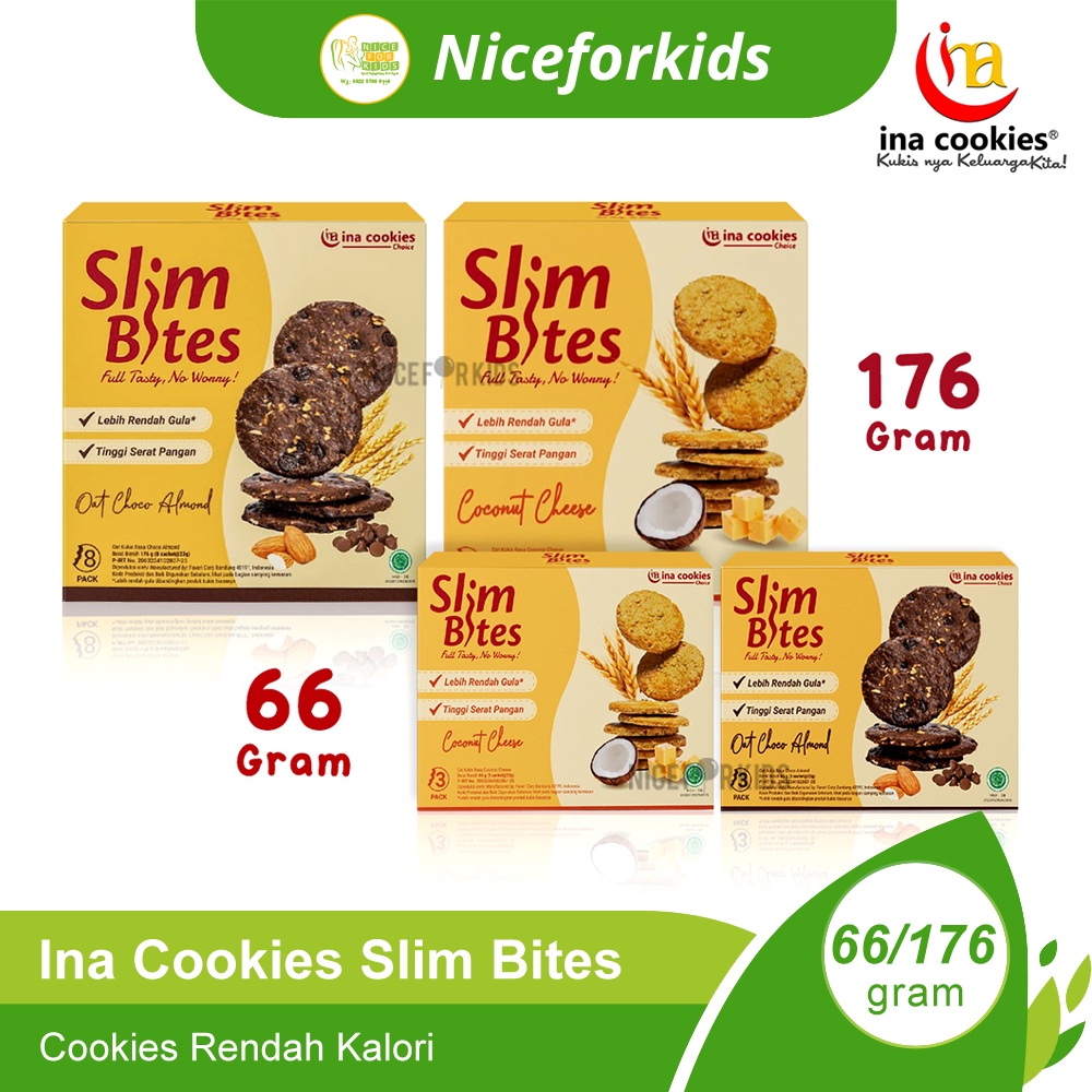 Ina Cookies Snack Slim Bites Coconut Cheese &amp; Oat Choco Almond Kue Cemilan Sehat Tinggi Serat Rendah Kalori Instan Cocok Untuk Program Diet