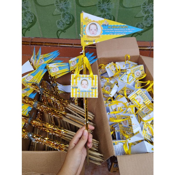 kembang telur aqiqah + bendera aqiqah + gagang bambu