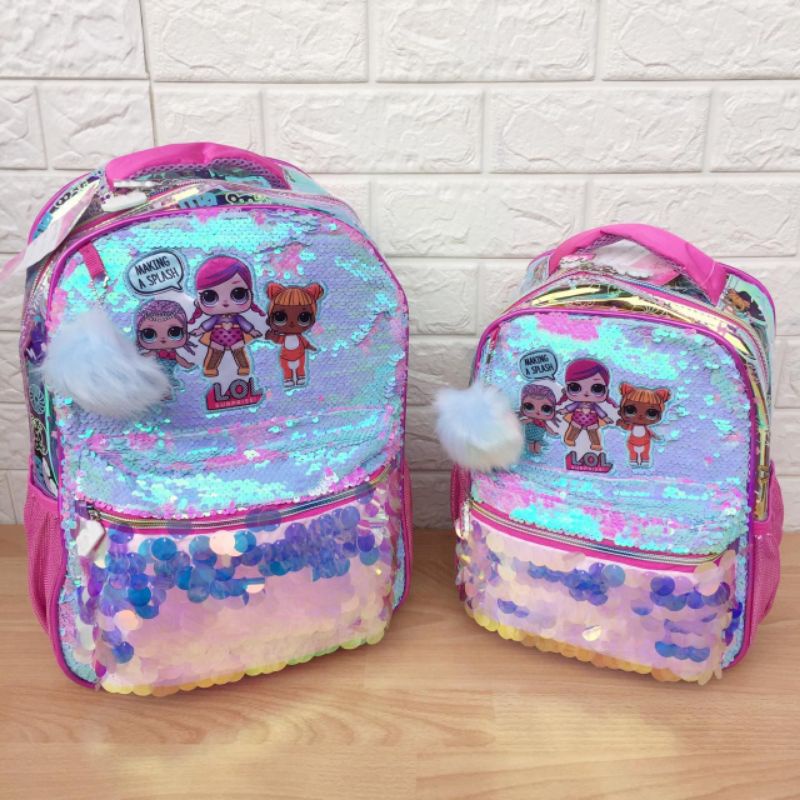 Tas Sekolah Ransel Anak TK dan SD Motif Sequin LOL Tas Ransel Sekolah Import Backpack Anak Perempuan