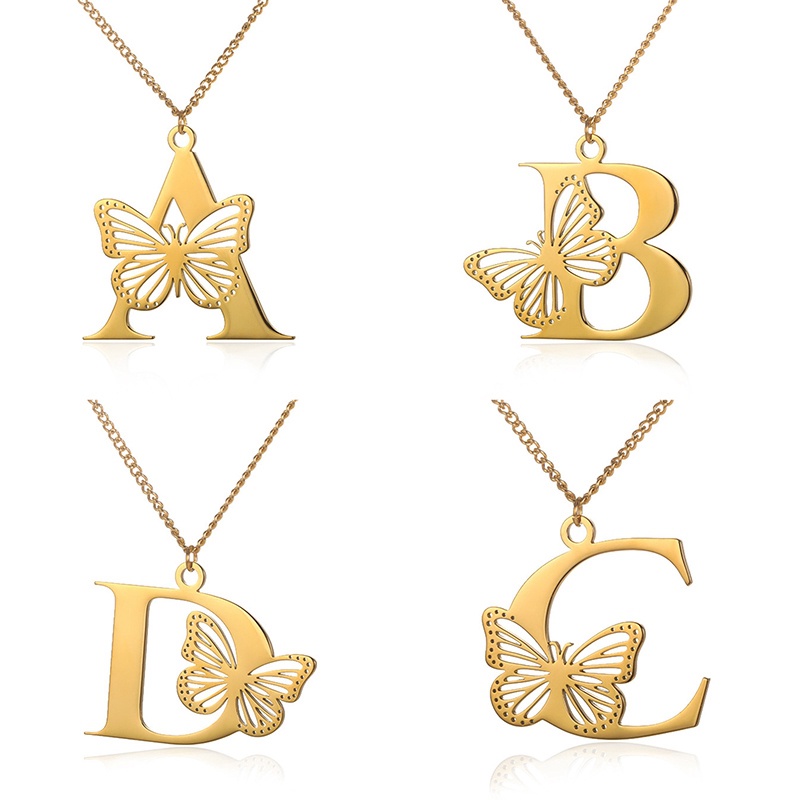 Kalung Huruf Kupu-Kupu Besar Dainty Warna Emas Untuk Wanita Gadis Perhiasan Rantai Stainless Steel Kalung Liontin Inisial