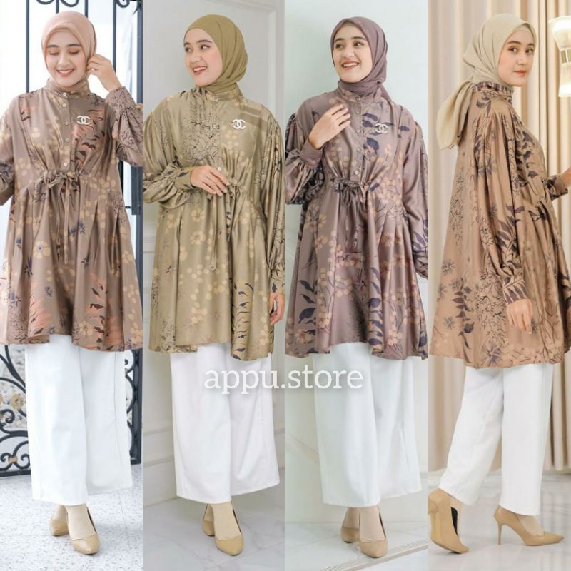 Vente Daily Hanum Tunik Jumbo Satin Silk Premium Motif Bunga Bunga Tropical / Baju Atasan Wanita Mus