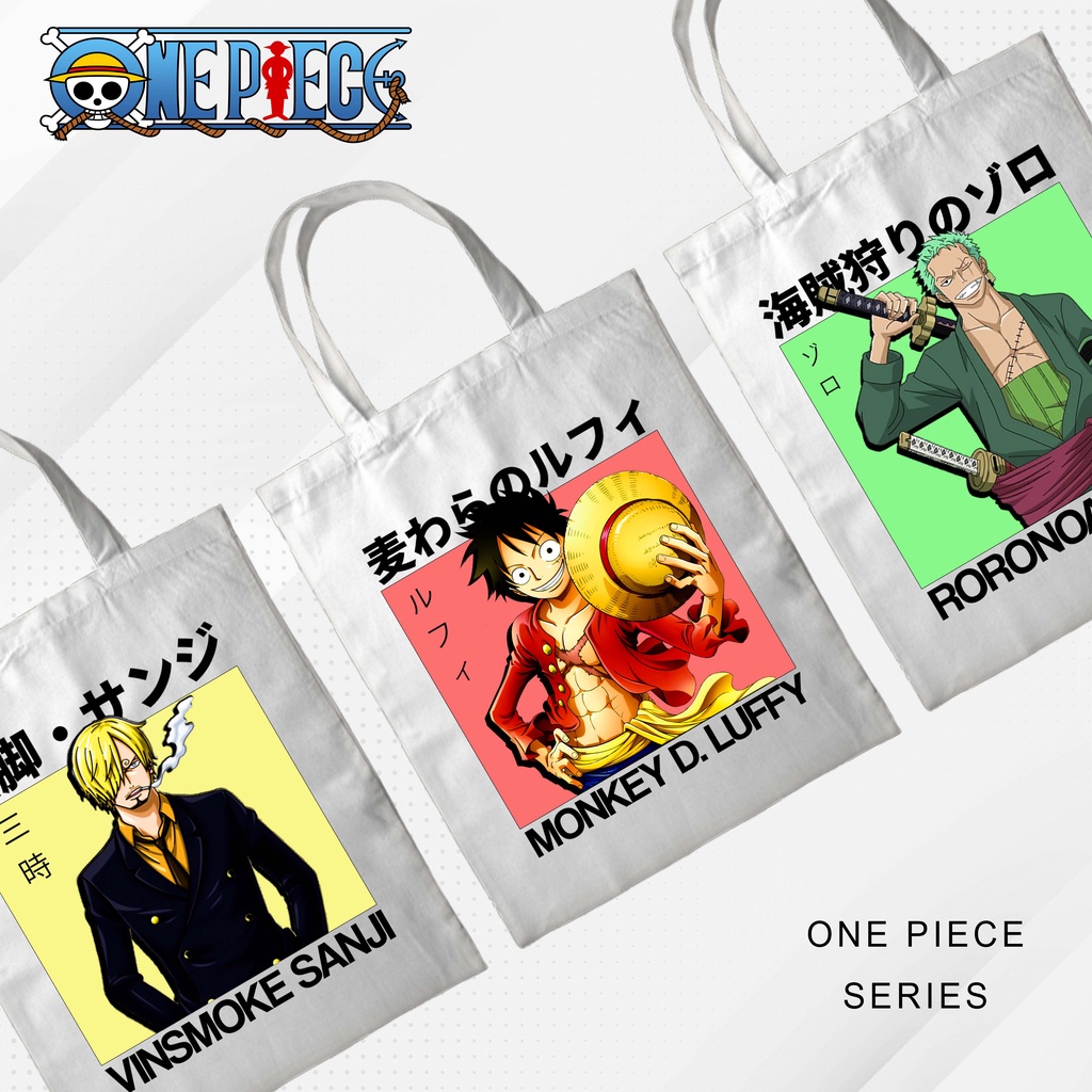 Totebag Anime One piece Mugiwara Luffy Sanji Roronoa Zoro Tote bag premium Totebag zipper totebag velcro Termurah