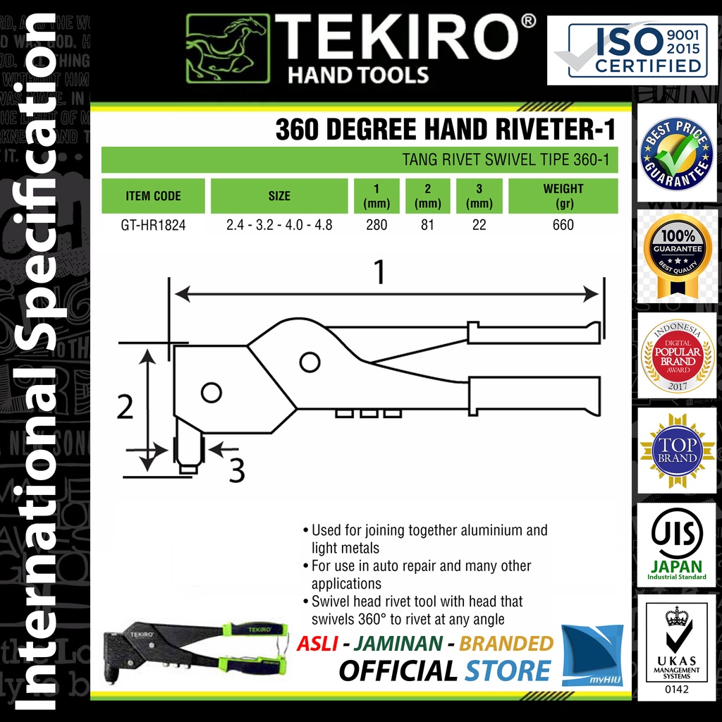 Tang Ripet Tembak Putar 360 Derajat 2 ~ 10 mm / Hand Rivet Riveter TEKIRO