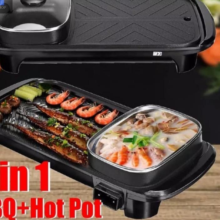 ( Bisa Cod ) TURUN Kompor Panggangan Bbq Dan pot Listrik 2 In 1 1300watt Grill Bbq pot Elektrik Anti