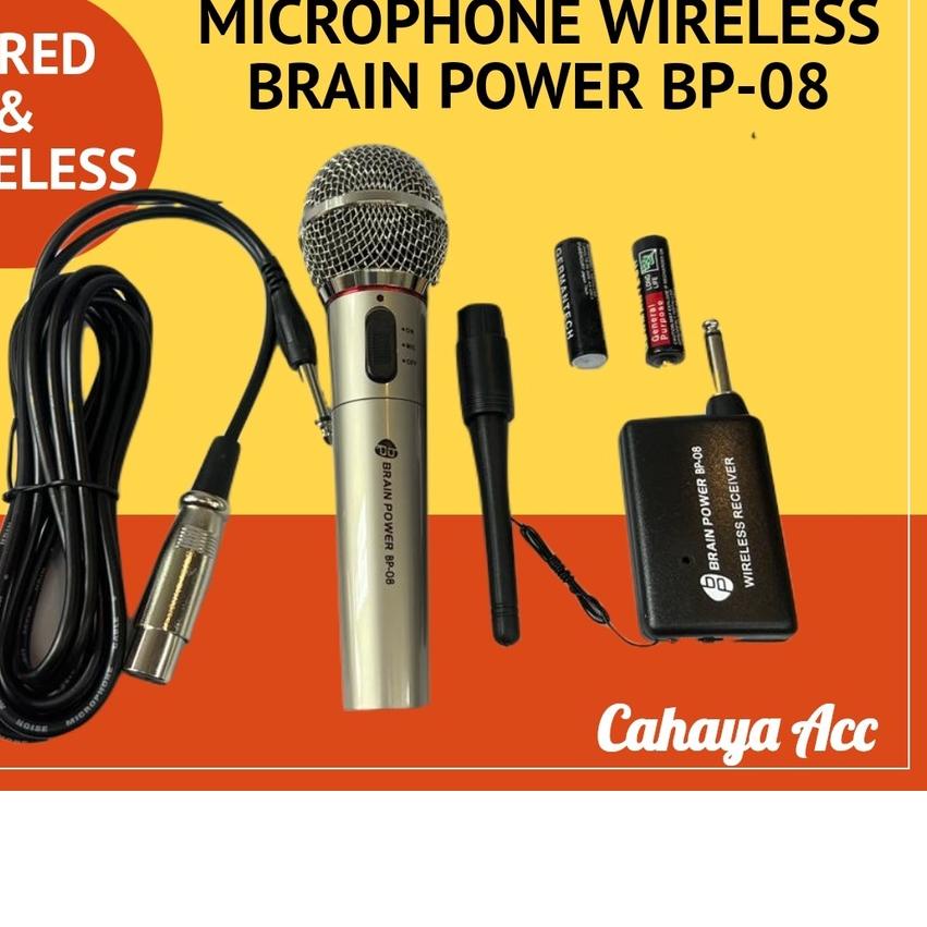 ❆ Microphone Wireless Proffesional Brain Power BP-08 - Mic Wireless dan Kabel - Microphone Wired & W