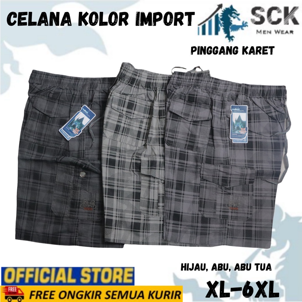 Celana Kolor PENDEK Pria HD Motif KOTAK 0602 ukuran JUMBO Kantong Samping Cargo / Celana Kolor Karet Size 4XL-6XL  - sckmenwear GROSIR