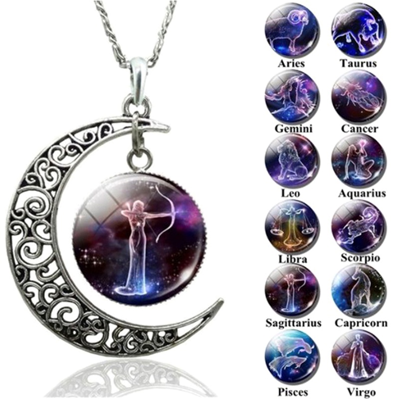 12 Zodiak Bulan Sabit Kubah Kaca Kalung Fashion Perhiasan Gemini Cancer Leo Virgo Libra Scorpio Sagitarius Capricorn