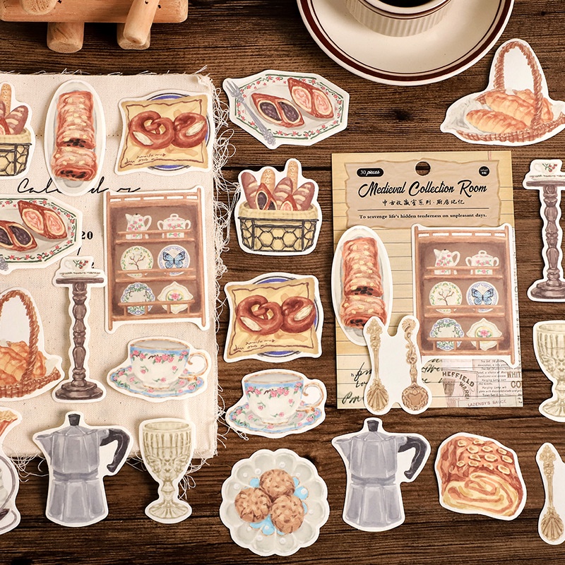 30pcs/set Stiker Seri Sarapan Objek Lama Vintage DIY Bahan Handbook