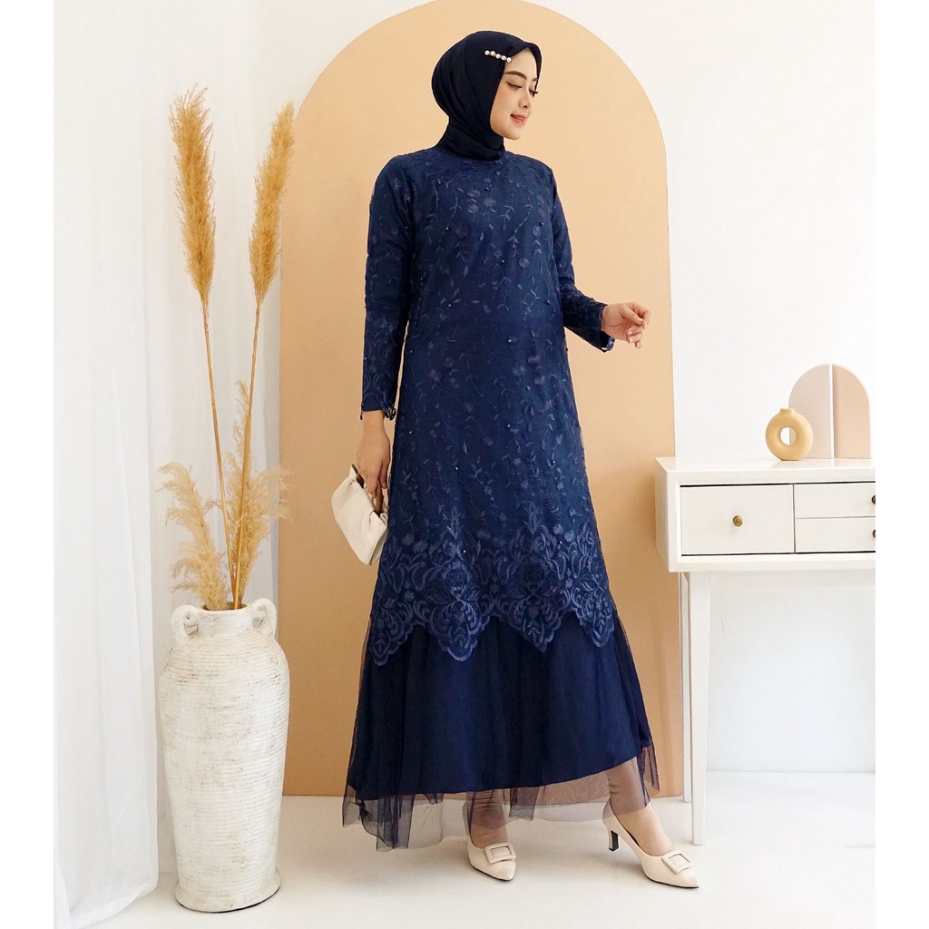 (Full Tile Brukat) Gamis Arini Full Tile Bordir Mutiara Glitter Brukat Tulle Brokat Maxi Dress Pesta