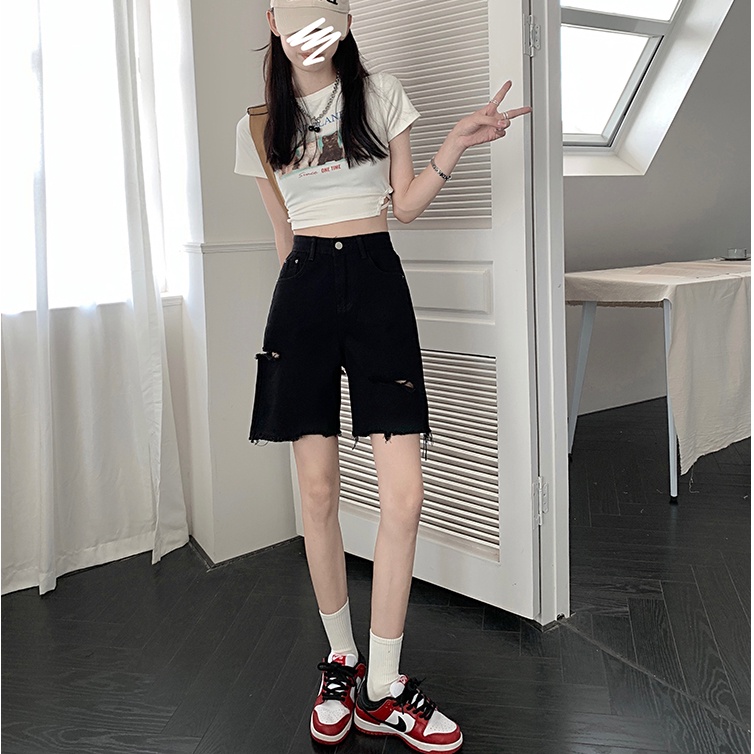 Korean Fashion Hitam Highwaist Celana Jeans Pendek Wanita