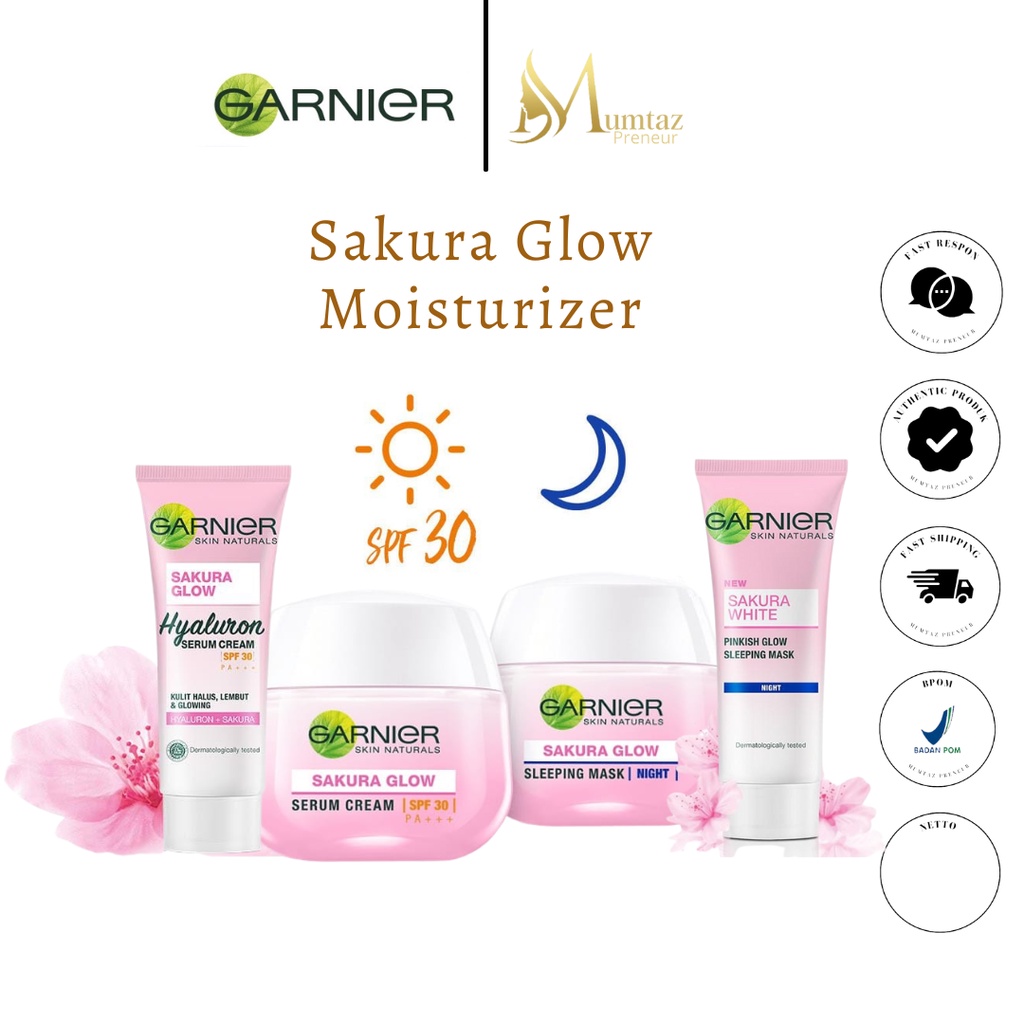 GARNIER SAKURA GLOW SERUM HYALURONIC DAY CREAM SPF30/PA+++ & NIGHT CREAM MOISTURIZER SKINCARE KRIM S
