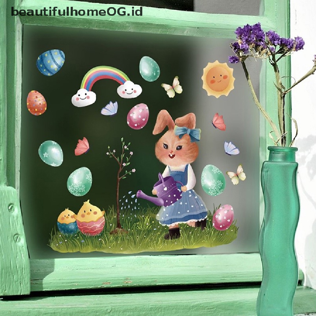 // Beautifulhomeog.id// 1Pc Stiker Jendela Kaca Happy Easter Colorful Bunny Eggs Wall Decal 20x30cm **