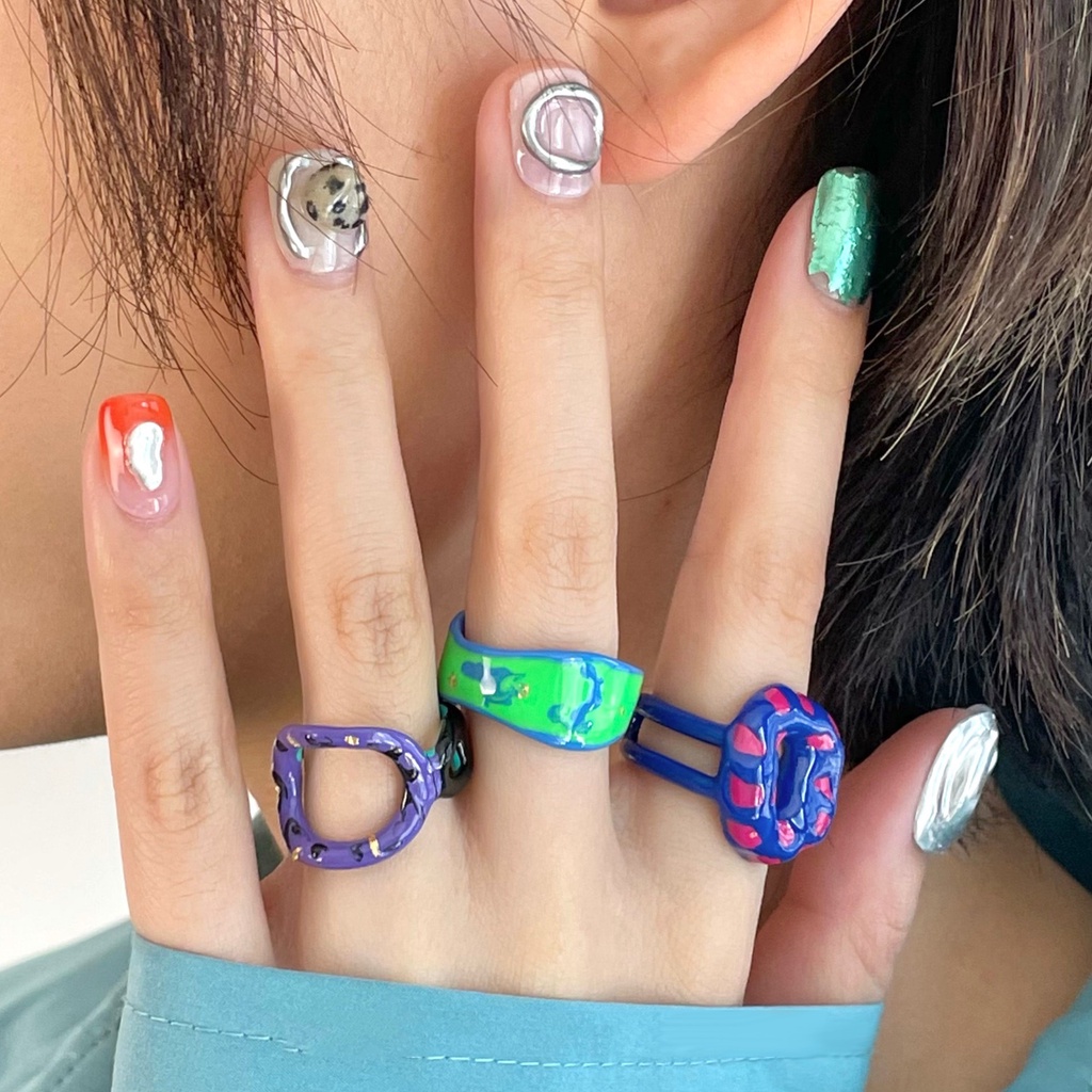 Goldkingdom Aksesoris Perhiasan Fashion Ready Stock Dicat Tangan Tren Hip Hop Ins Fashion Niche Desain Geometris Tidak Teratur Warna Kontras Gelombang Dot Cincin Perempuan