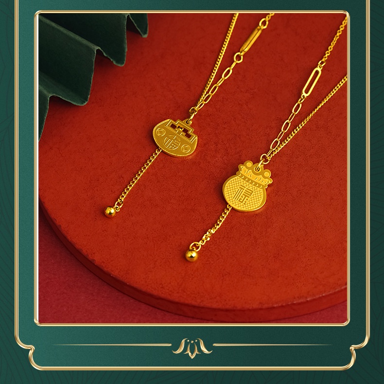 Goldkingdom Perhiasan Fashion Emas Asli Kadar 375Bangkok Aksesoris Ready Stock Fu Lu Rumbai Sepuhan Liontin Fu Tas Kunci Emas Kalung Untuk Wanita