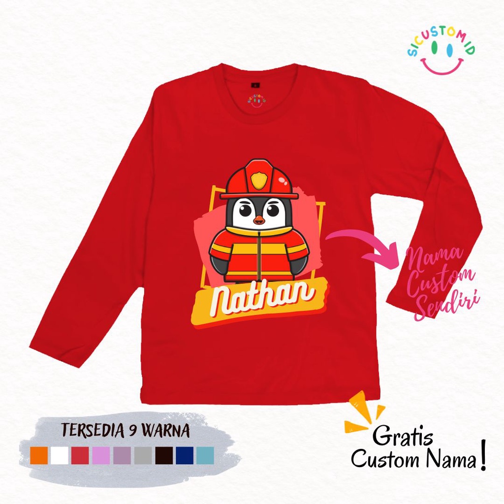 TERLARIS BAJU KAOS ANAK TANGAN PANJANG PENGUIN CHEF GRATIS CUSTOM NAMA / TULISAN KARTUN PROFESI / PEKERJAAN